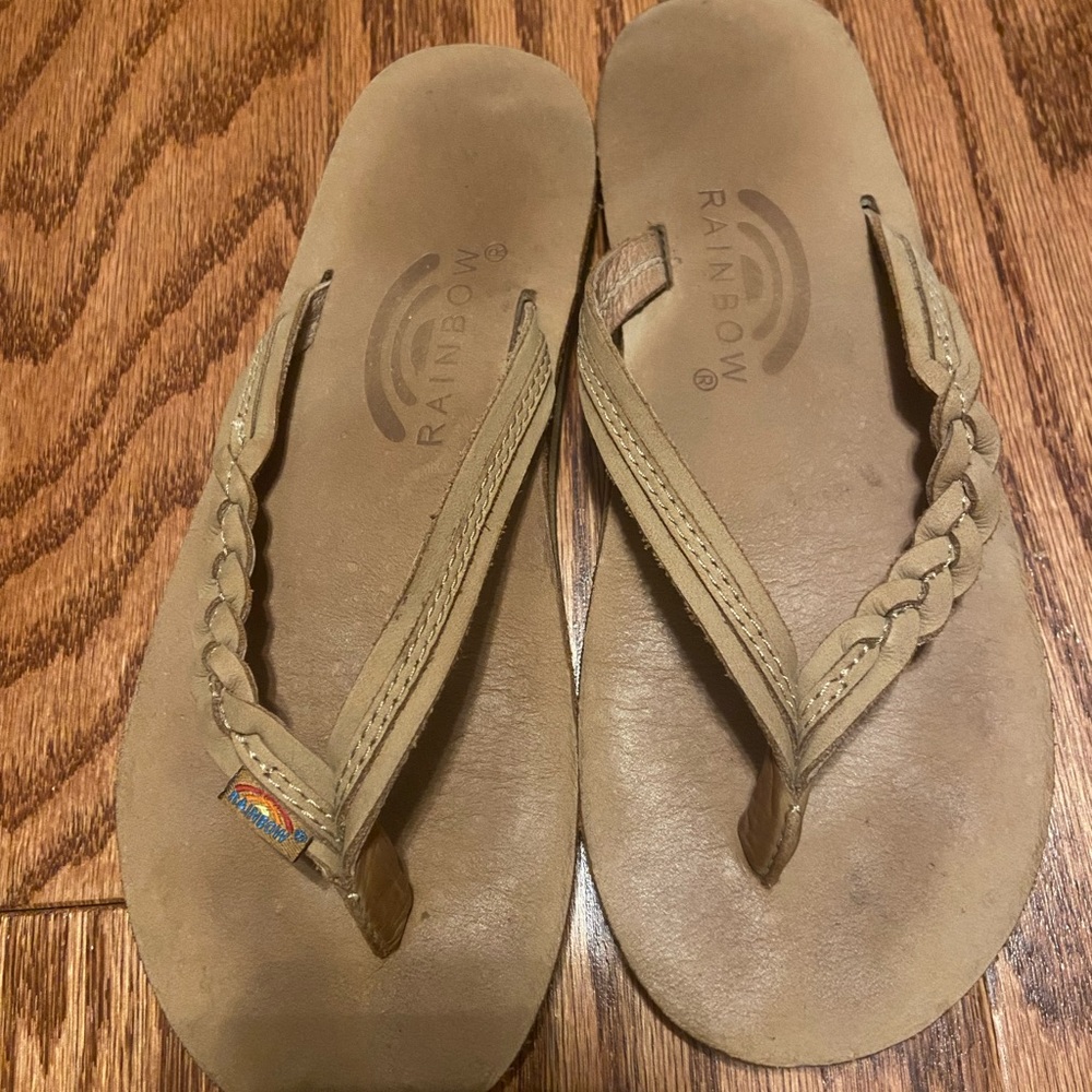 Rainbow braided flip flops